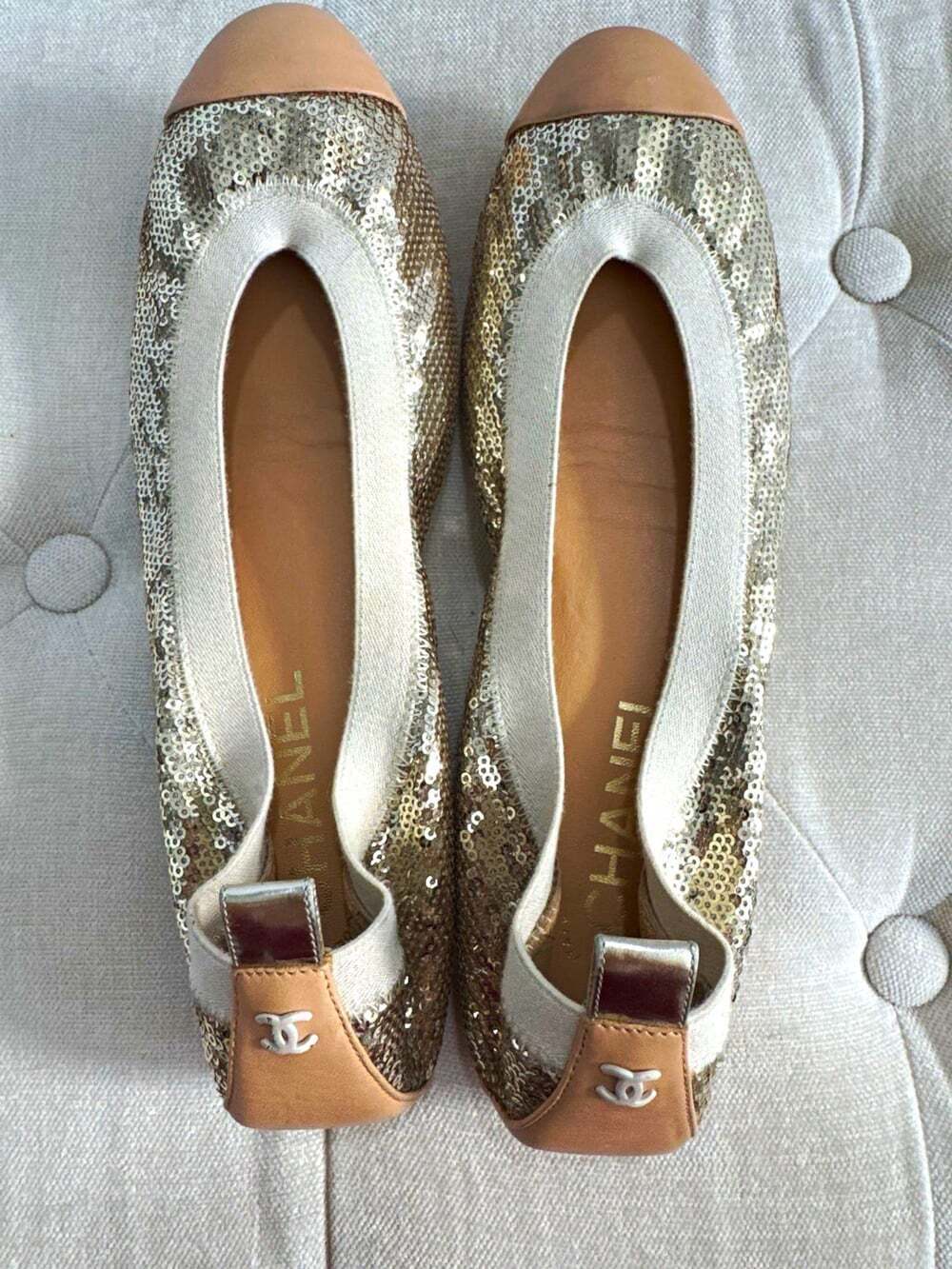 Authentic CHANEL Gold Sequin Cap-Toe Ballet Flats – Size 39 (US 8/8.5)